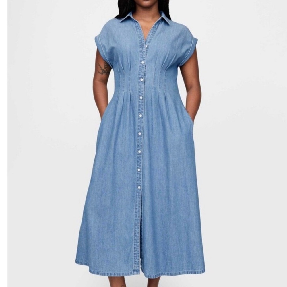 New GAP Light Blue Denim Maxi Shirt Dress - Trendy Gathered Waist - XL Tall